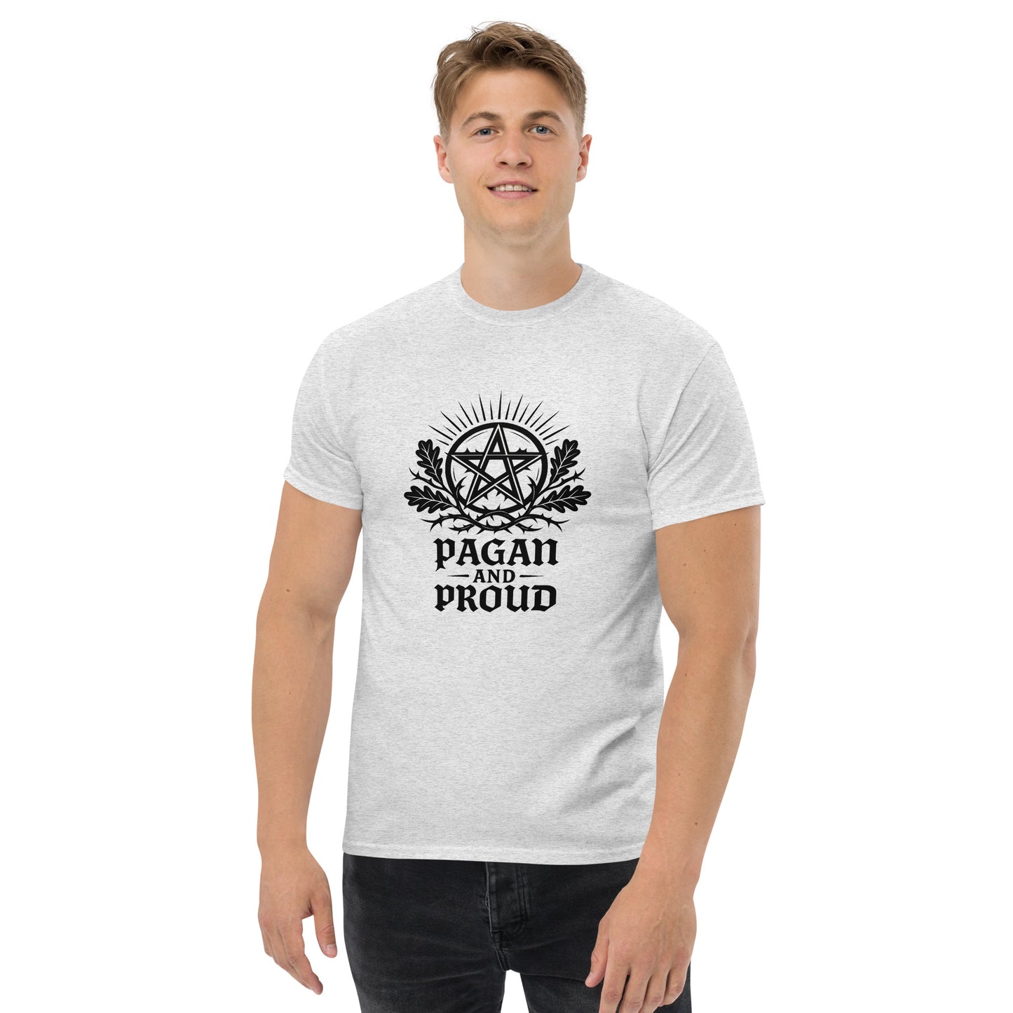 Pagan and Proud β Spiritual Shirt with Pentagram Symbol for Esoteric Apparel (Black Ink) male