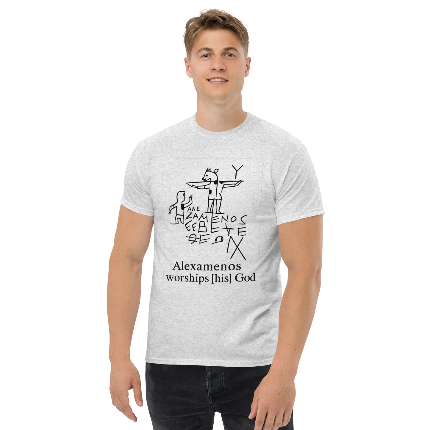 Alexamenos Worships His God – Satirical Pagan Symbolism Shirt in Esoteric Clothing (Black Ink) male