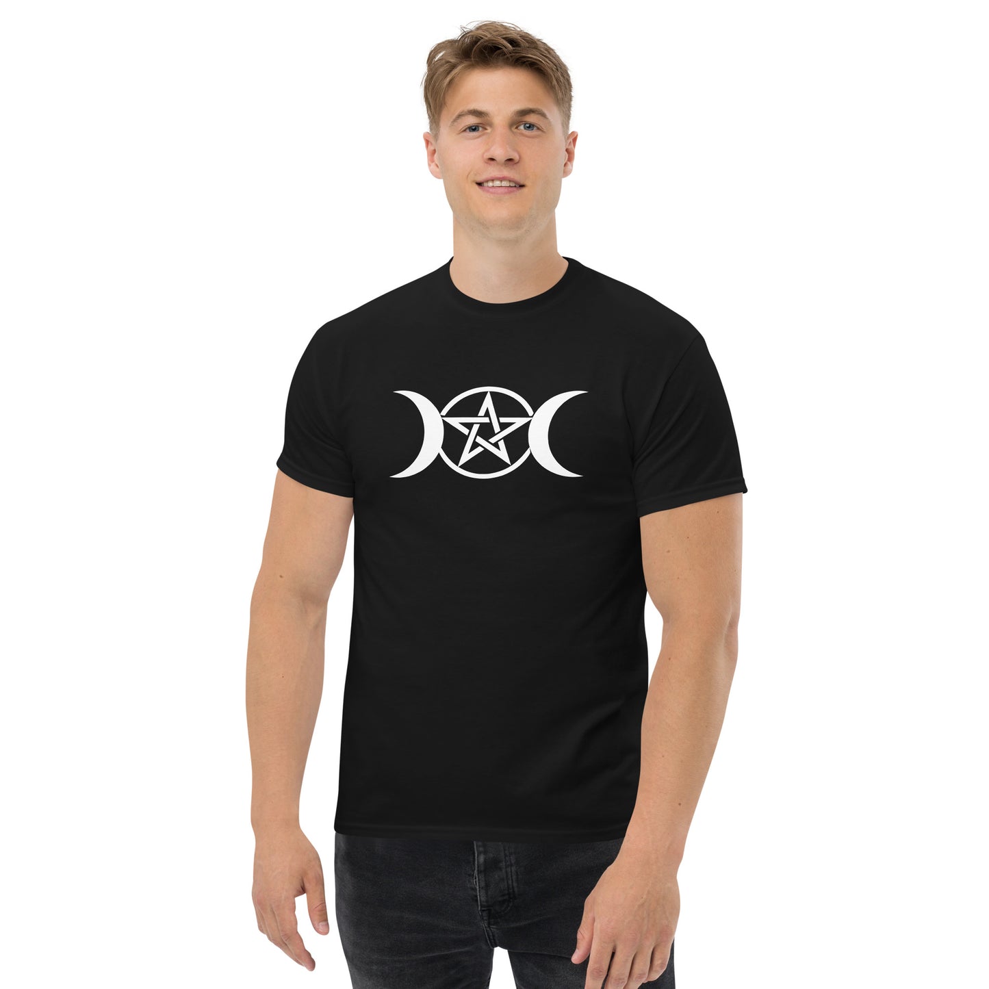 Triple Moon Pentacle β Witchy Apparel for Lunar Magic & Esoteric Symbolism (White Ink) male