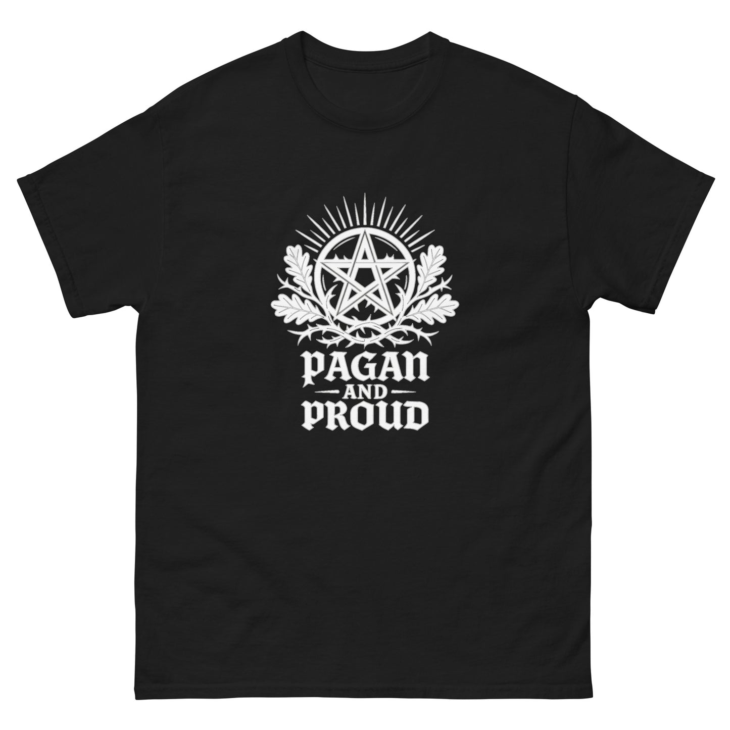 Pagan and Proud β Spiritual Shirt with Pentagram Symbol for Esoteric Apparel (White Ink) black