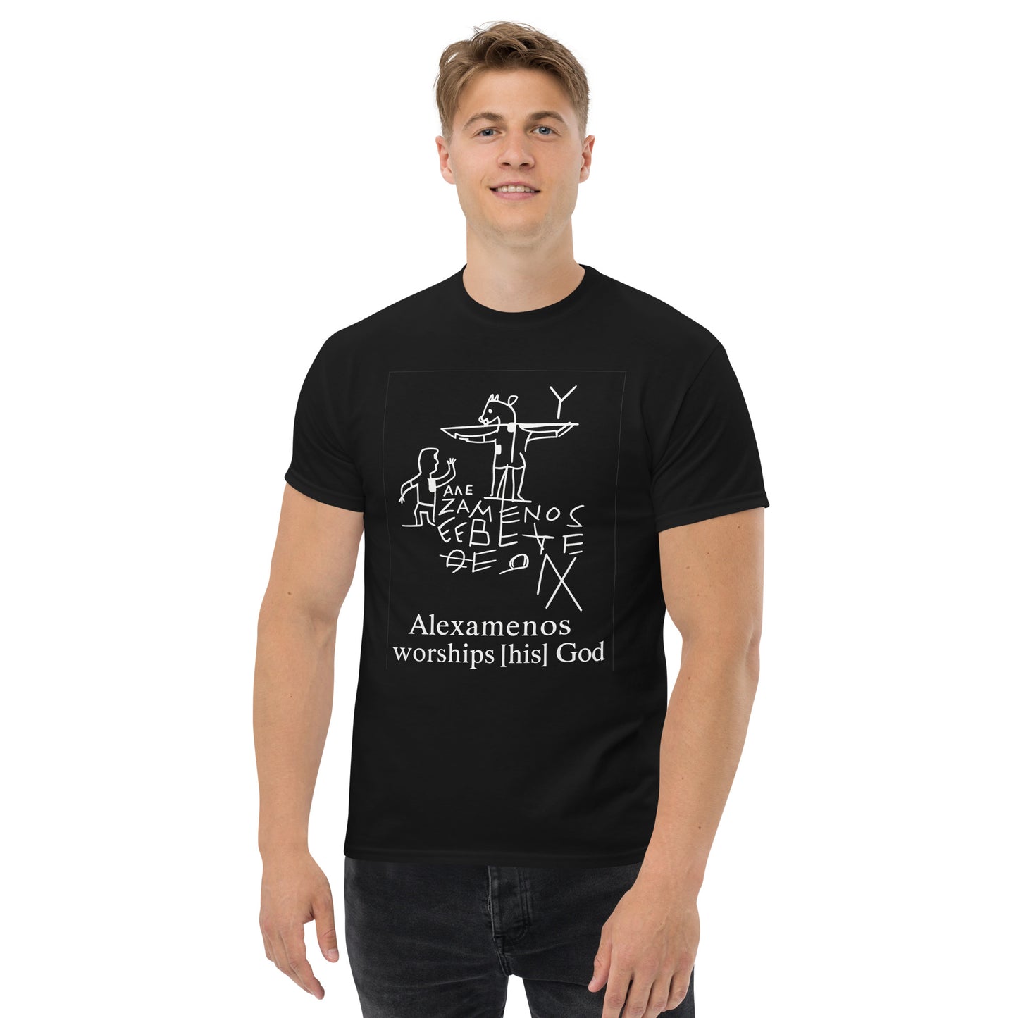 Alexamenos Worships His God – Satirical Esoteric Apparel with Pagan Symbolism (White Ink) male