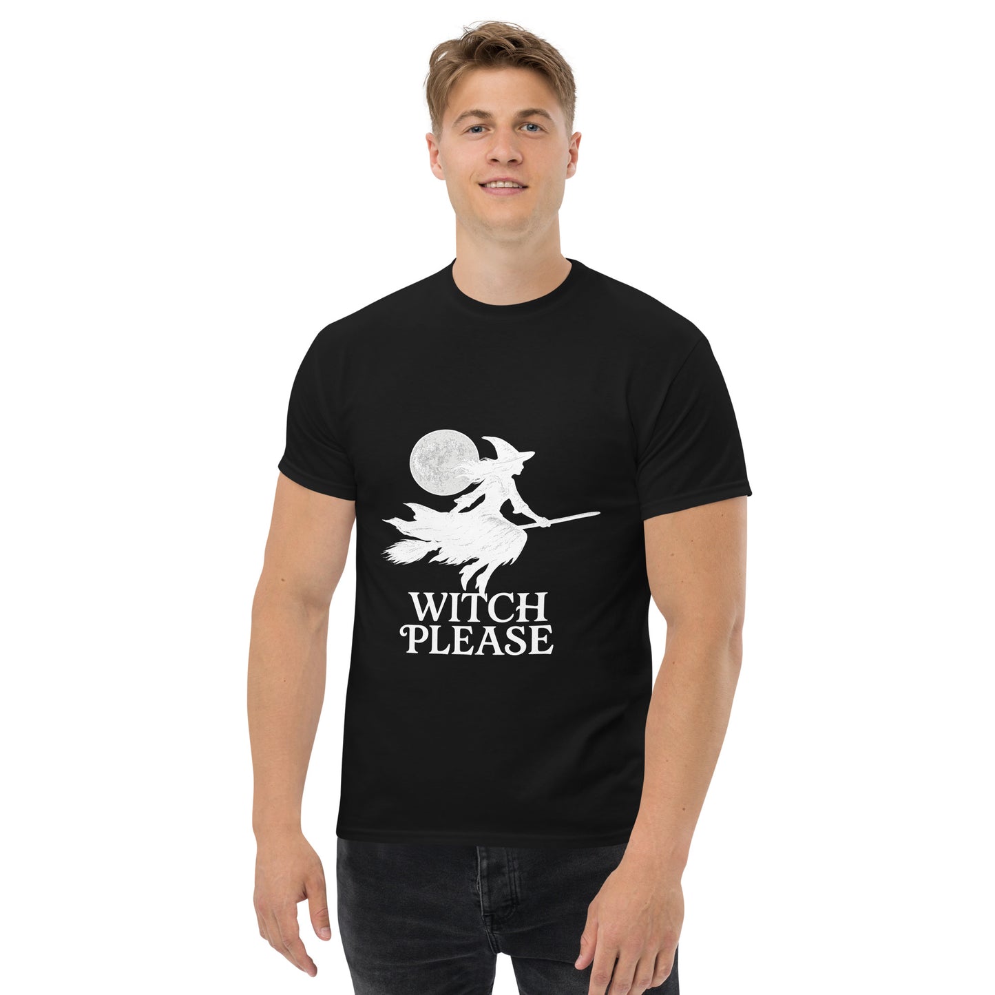 Witch Please – Witchy Clothes with Flying Silhouette and Full Moon (Light Ink) male