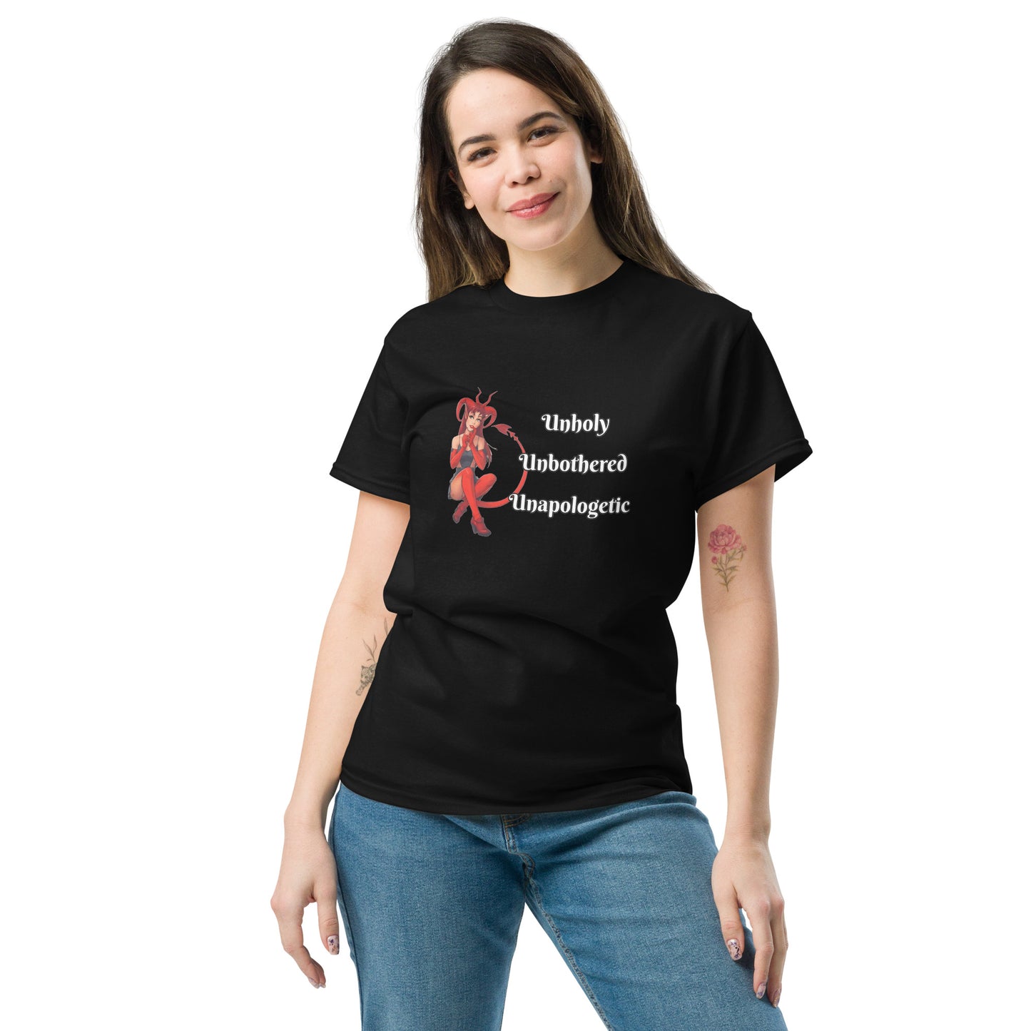 Unholy Unbothered Unapologetic – Witchy Apparel Devil Girl Shirt female