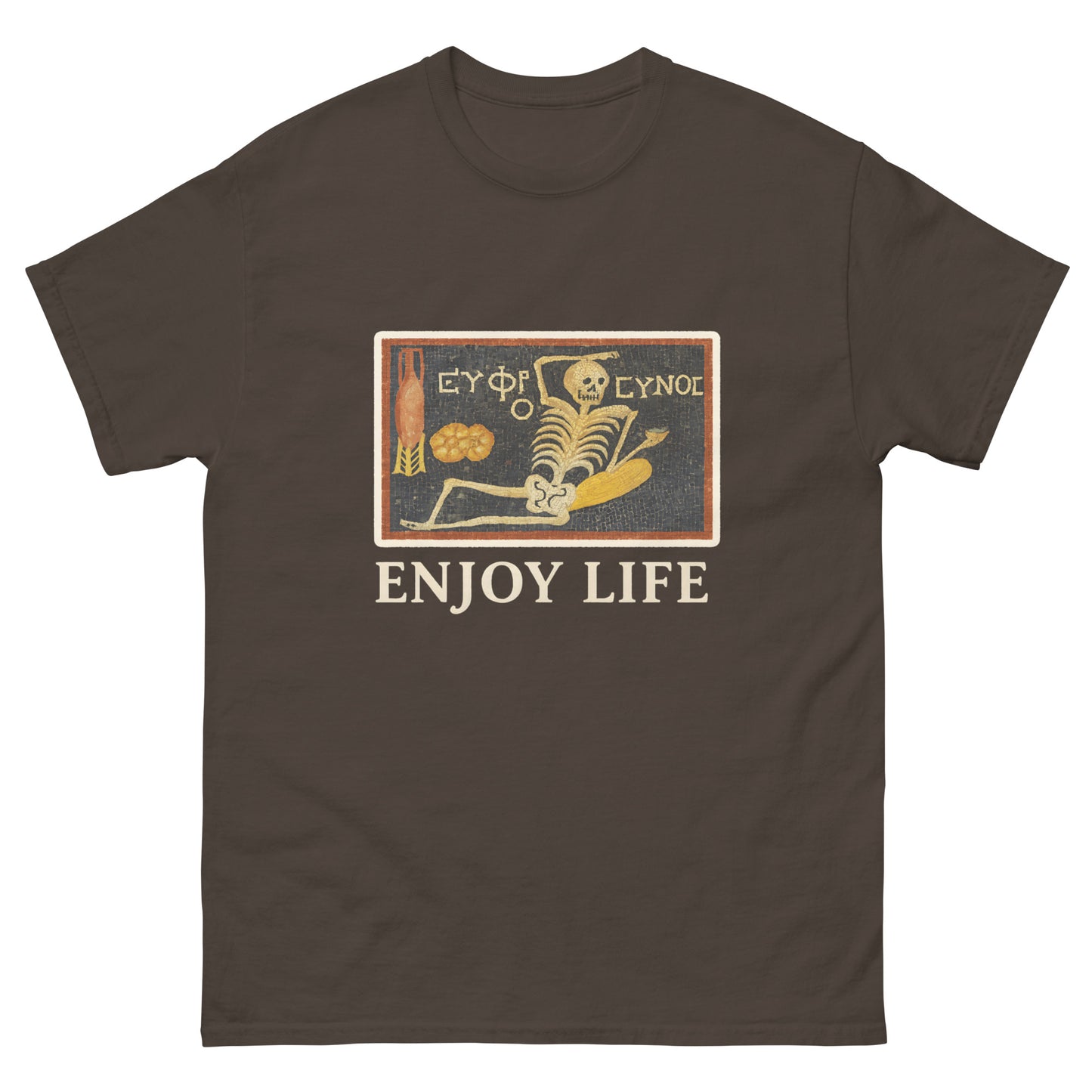 Roman Skeleton Mosaic "Enjoy Life" – Pagan Symbolism Shirt
esoteric clothing brown