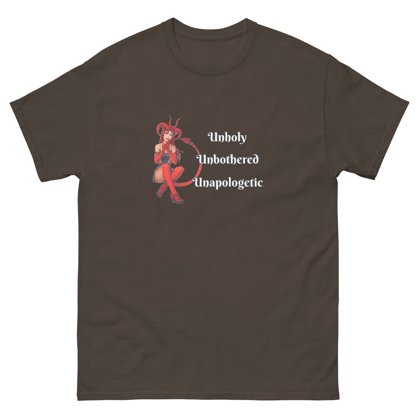 Unholy Unbothered Unapologetic – Witchy Clothes Devil Girl Shirt | Witchcraft & the Occult brown