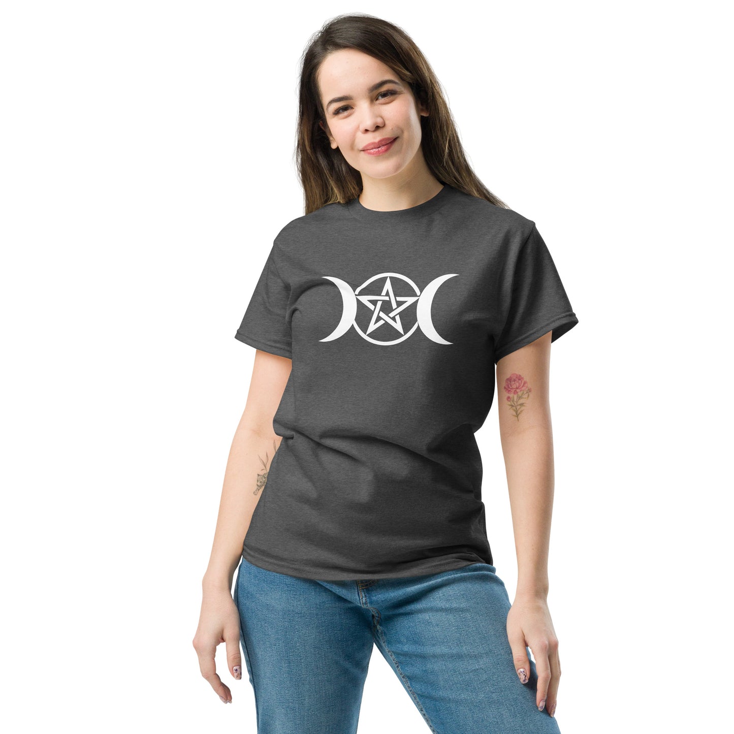 Triple Moon Pentacle β Witchy Apparel for Lunar Magic & Esoteric Symbolism (White Ink) female