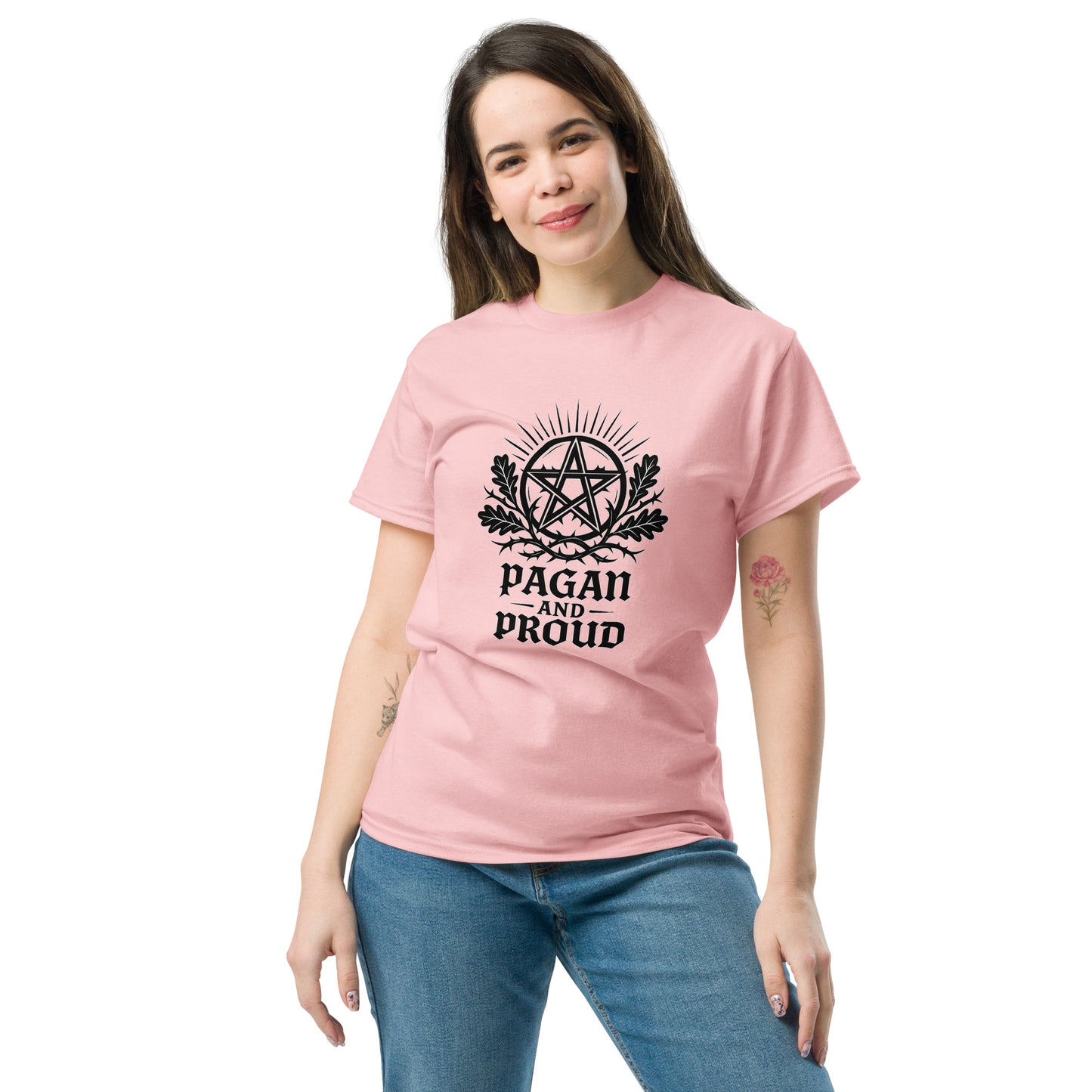 Pagan and Proud β Spiritual Shirt with Pentagram Symbol for Esoteric Apparel (Black Ink) female