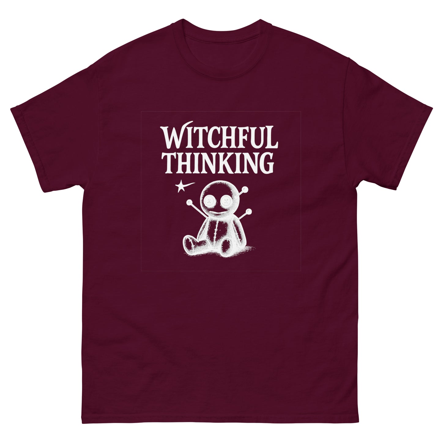 Witchful Thinking Voodoo Doll Shirt – Witchy Clothes for Occult Fashion Fans (White Ink) maroon