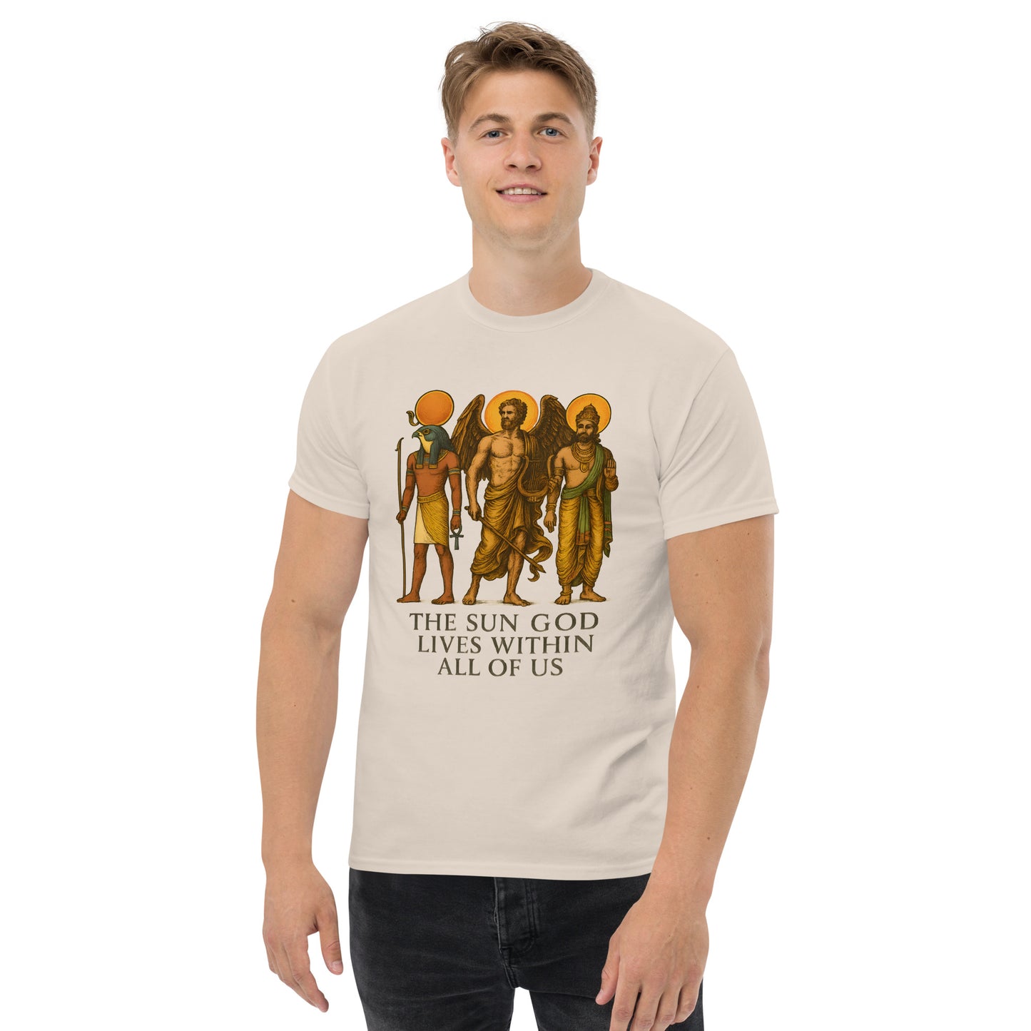 Spiritual Shirt Featuring Ra, Archangel, and Vishnu male