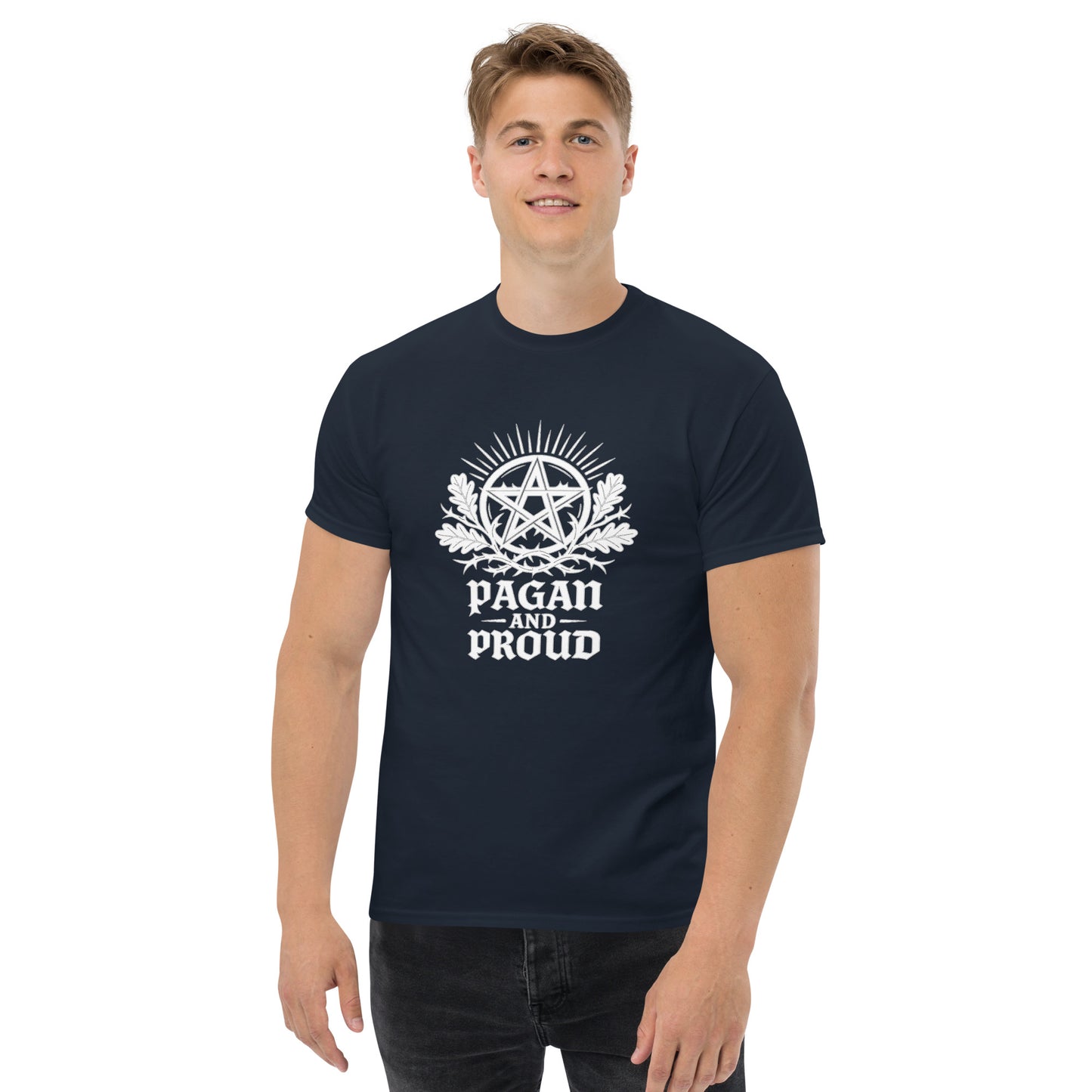 Pagan and Proud β Spiritual Shirt with Pentagram Symbol for Esoteric Apparel (White Ink) male