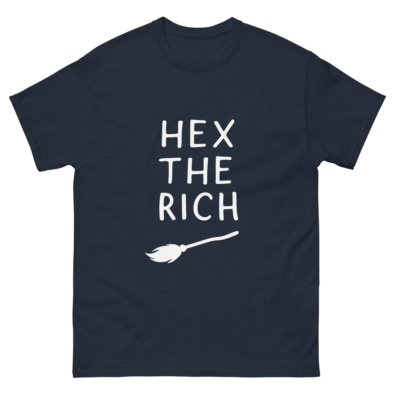 Hex the Rich – Witchy Apparel for Spiritual Anti-Capitalist Rebels (White Ink) navy