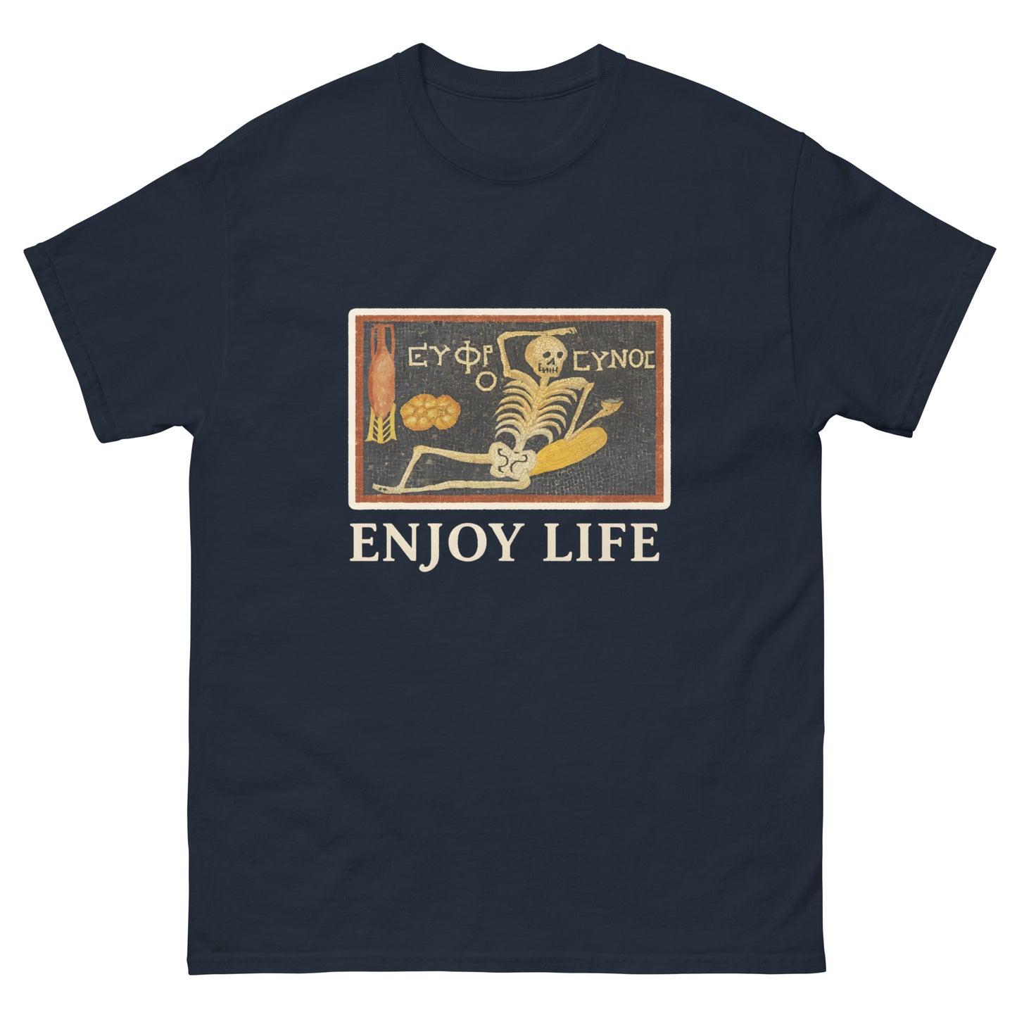 Roman Skeleton Mosaic "Enjoy Life" – Pagan Symbolism Shirt
esoteric clothing navy