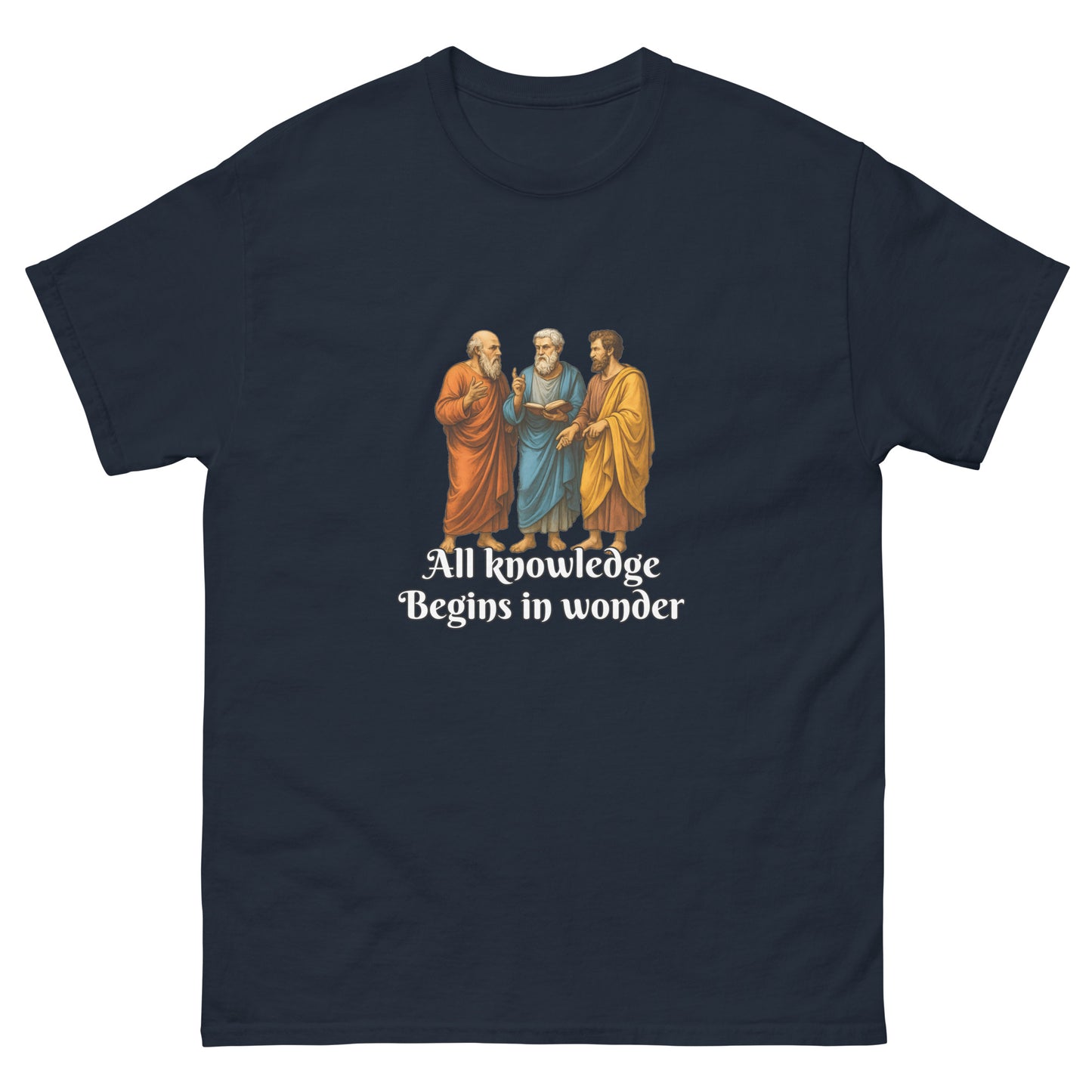 All Knowledge Begins in Wonder – Esoteric Clothing Greek Philosophy Shirt | Witchy apparel & the Occult navy