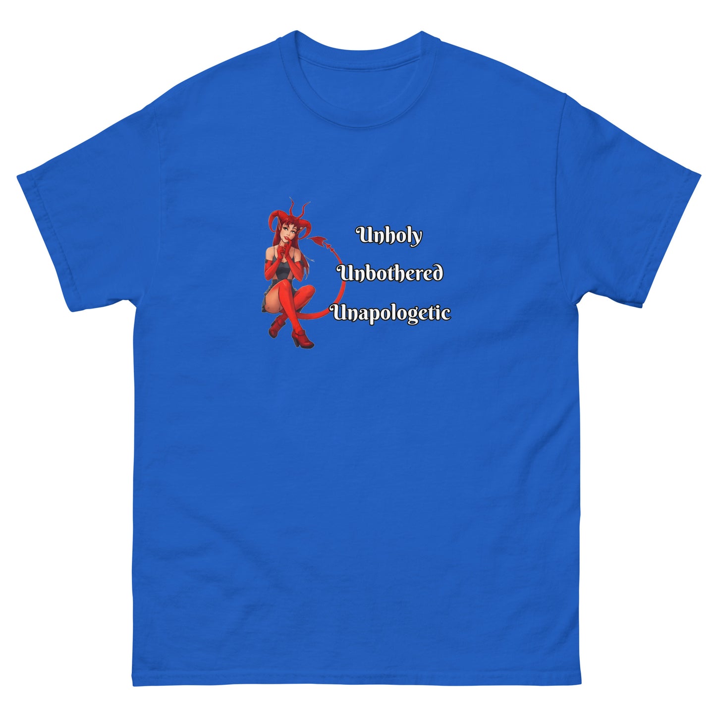 Unholy Unbothered Unapologetic – Witchy Clothes Devil Girl Shirt | Witchcraft & the Occult blue