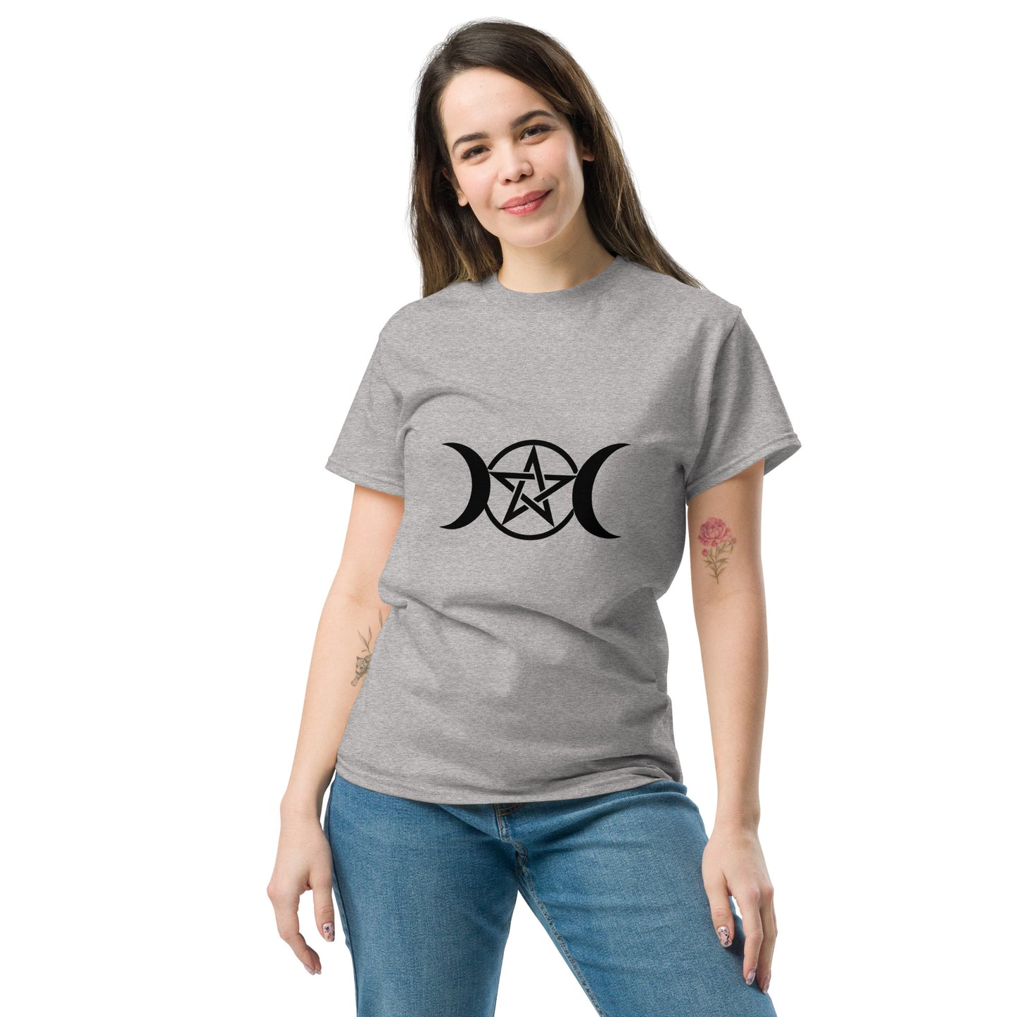 Triple Moon Pentacle – Witchy Apparel for Lunar Magic & Esoteric Symbolism (black Ink) female