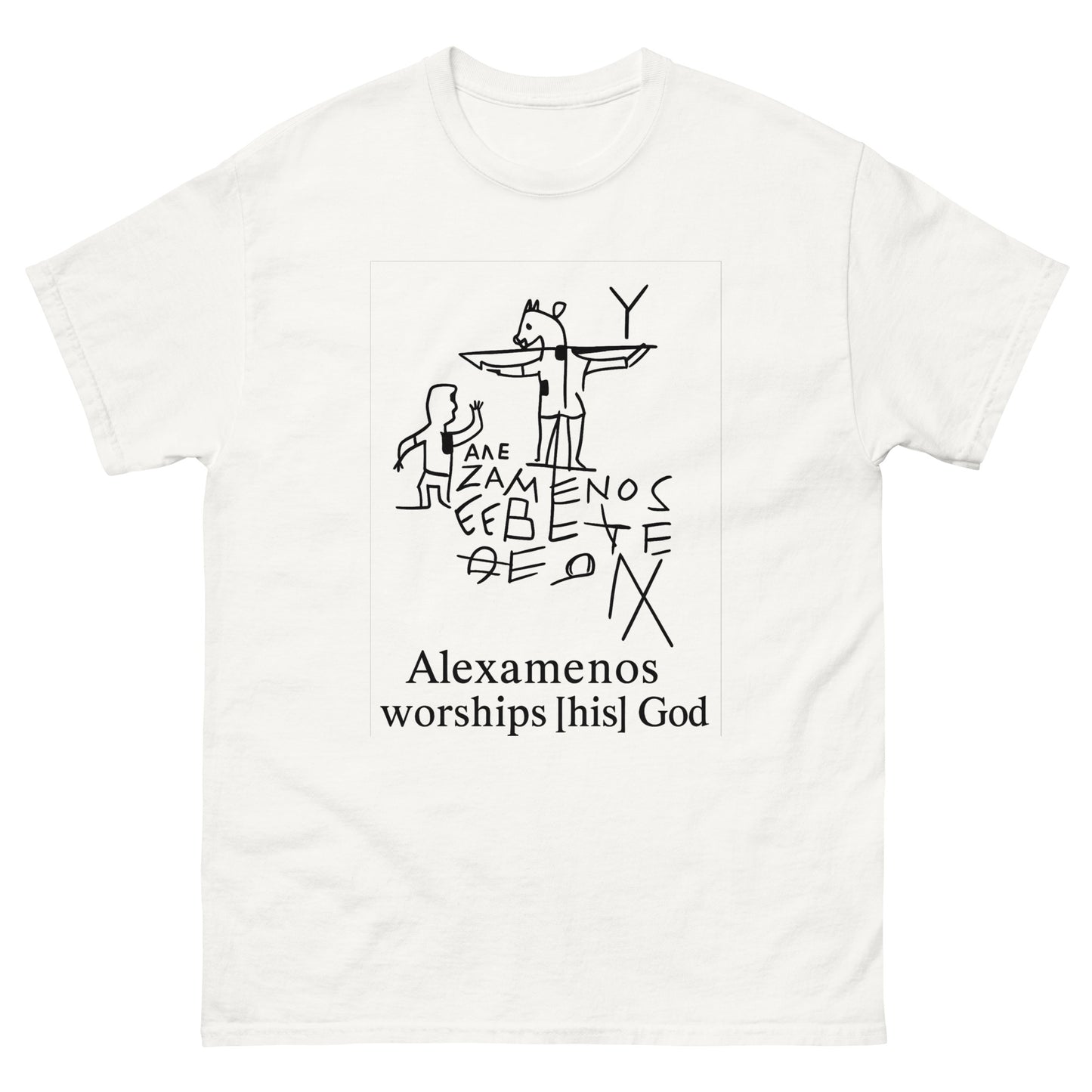 Alexamenos Worships His God – Satirical Pagan Symbolism Shirt in Esoteric Clothing (Black Ink) white