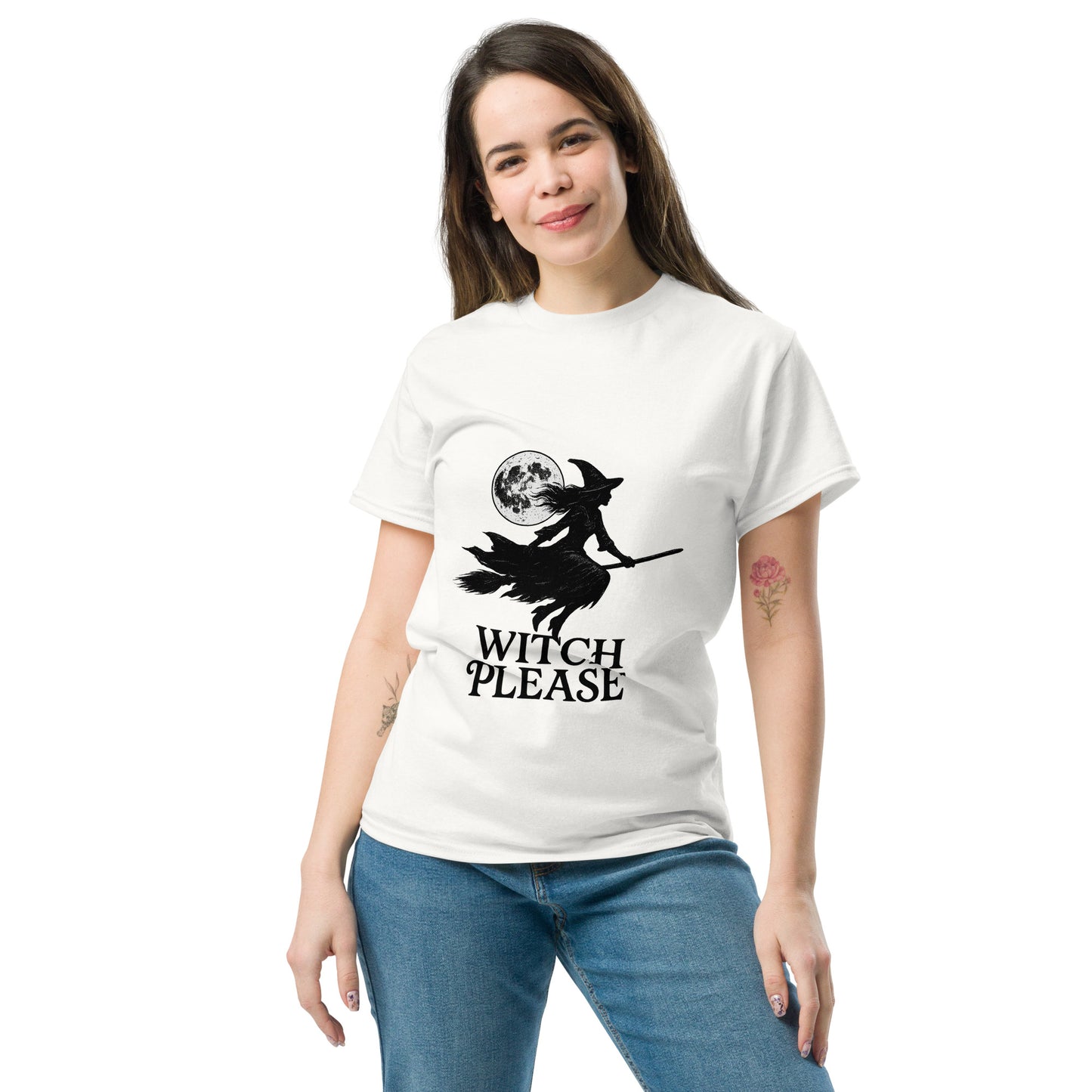 Witch Please – Witchy Clothes with Flying Silhouette and Full Moon (Black Ink) female