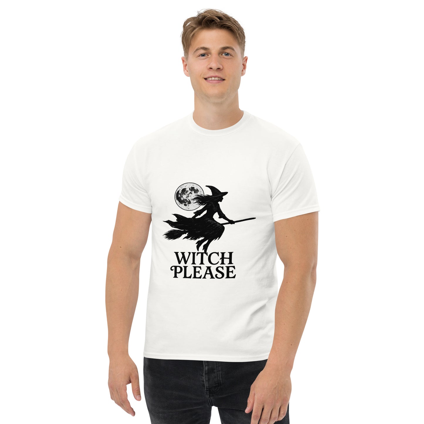 Witch Please – Witchy Clothes with Flying Silhouette and Full Moon (Black Ink) male
