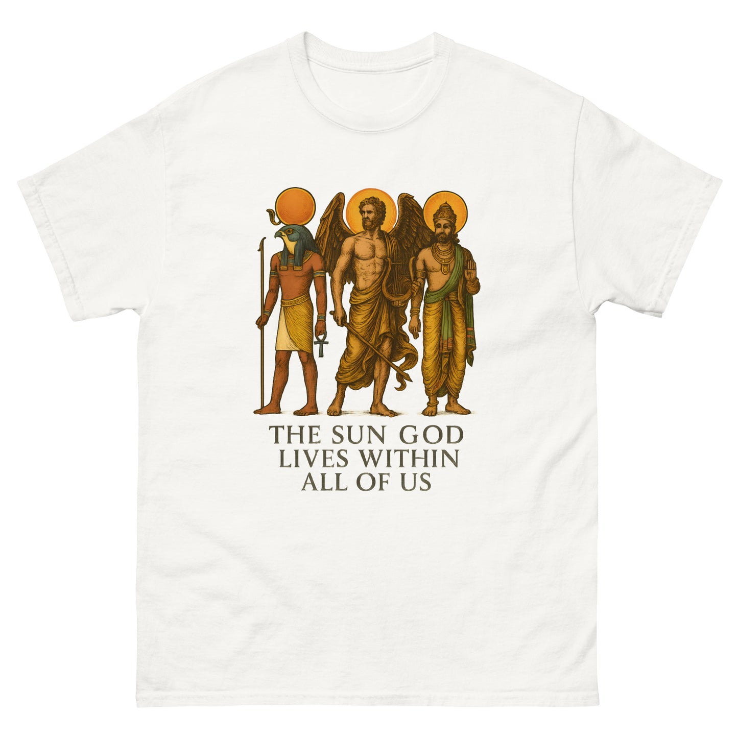 Spiritual Shirt Featuring Ra, Archangel, and Vishnu white