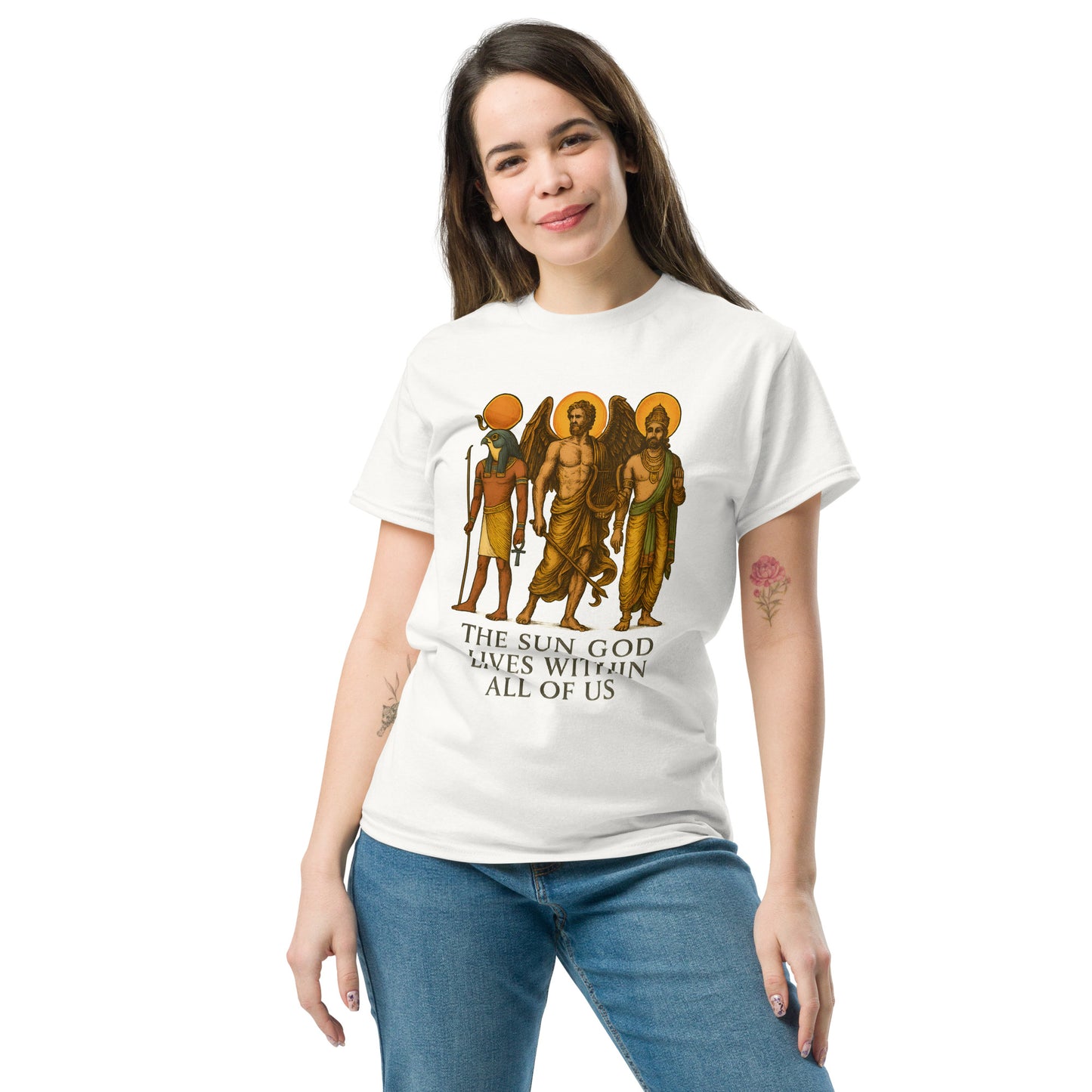 Spiritual Shirt Featuring Ra, Archangel, and Vishnu female