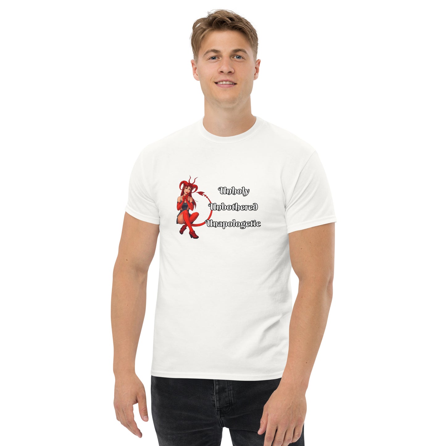Unholy Unbothered Unapologetic – Witchy Apparel Devil Girl Shirt male