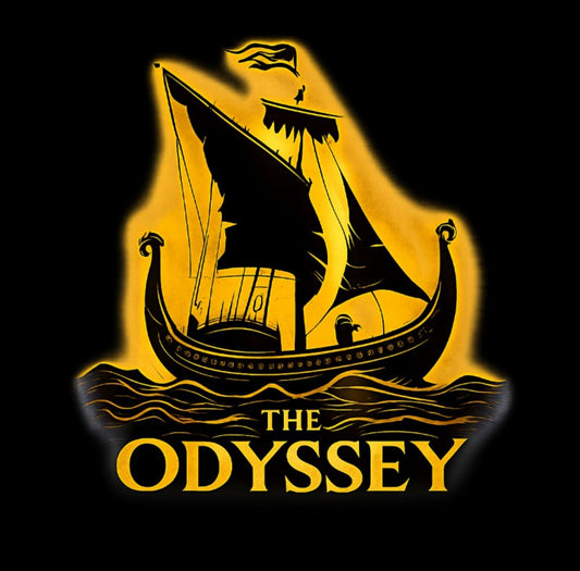 Gold ship illustration with 'The Odyssey' text on a black background