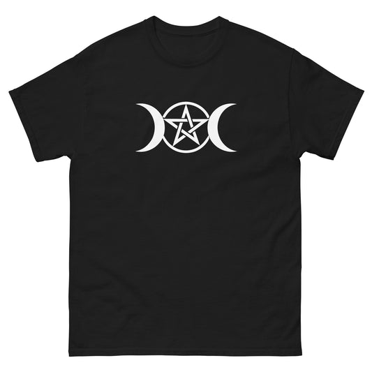 Triple Moon Pentacle – Witchy Apparel for Lunar Magic & Esoteric Symbolism (White Ink) black