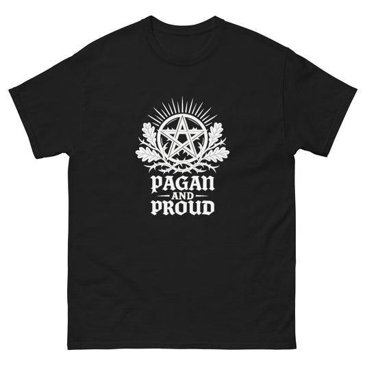 Pagan and Proud – Spiritual Shirt with Pentagram Symbol for Esoteric Apparel (White Ink) black