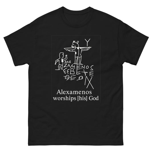 Alexamenos Worships His God – Satirical Esoteric Apparel with Pagan Symbolism (White Ink) black