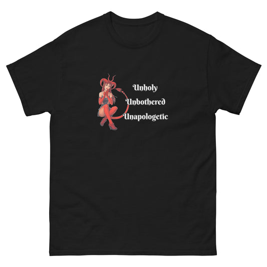 Unholy Unbothered Unapologetic – Witchy Apparel Devil Girl Shirt black