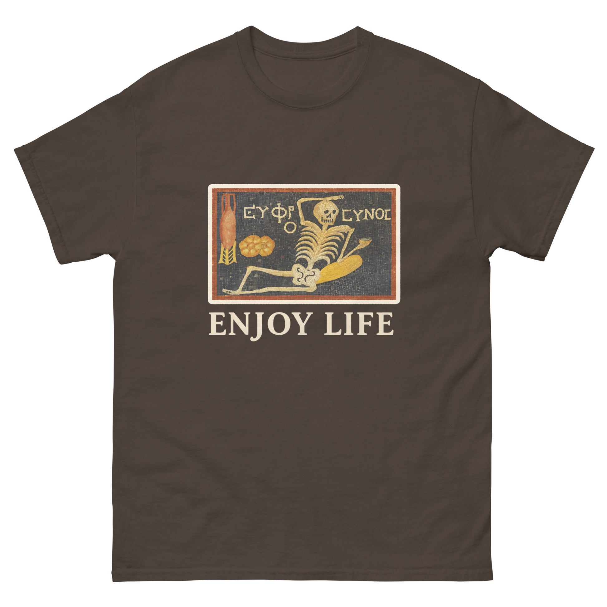 Roman Skeleton Mosaic "Enjoy Life" – Pagan Symbolism Shirt
esoteric clothing brown