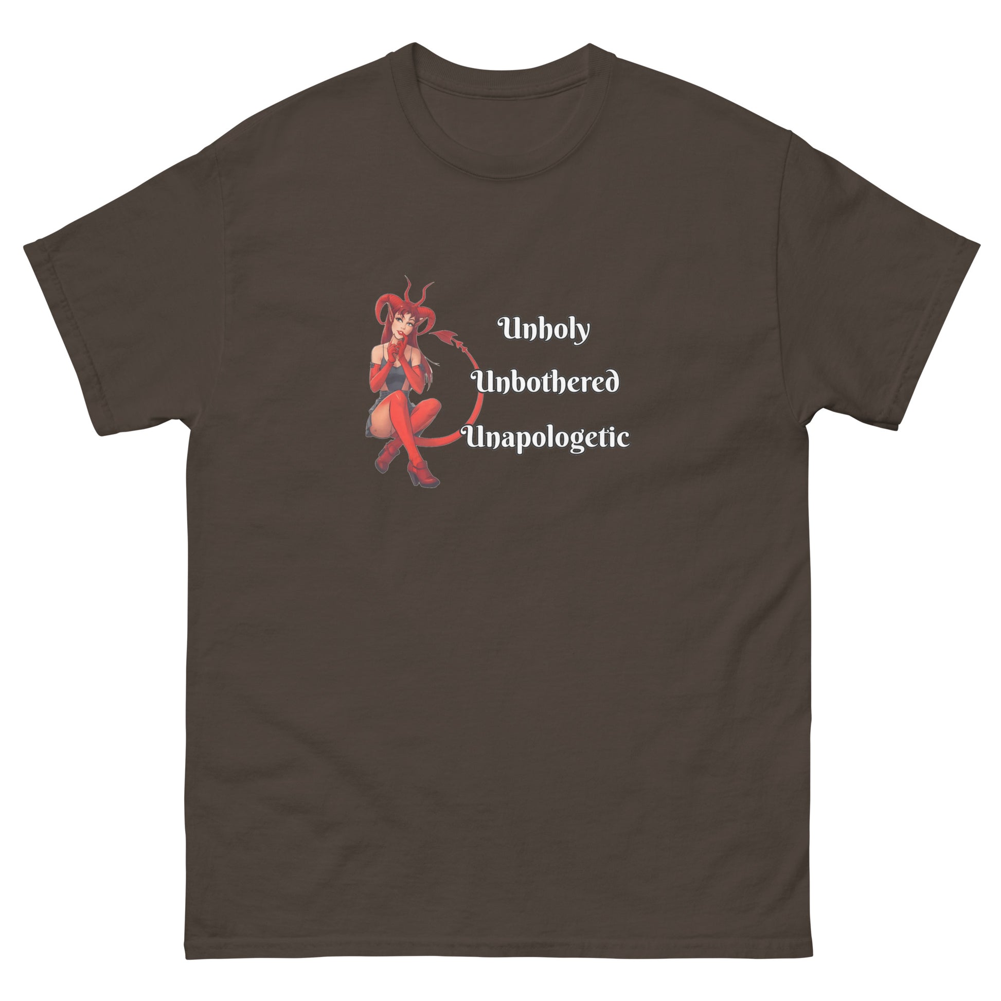  Unholy Unbothered Unapologetic – Witchy Clothes Devil Girl Shirt | Witchcraft & the Occult brown