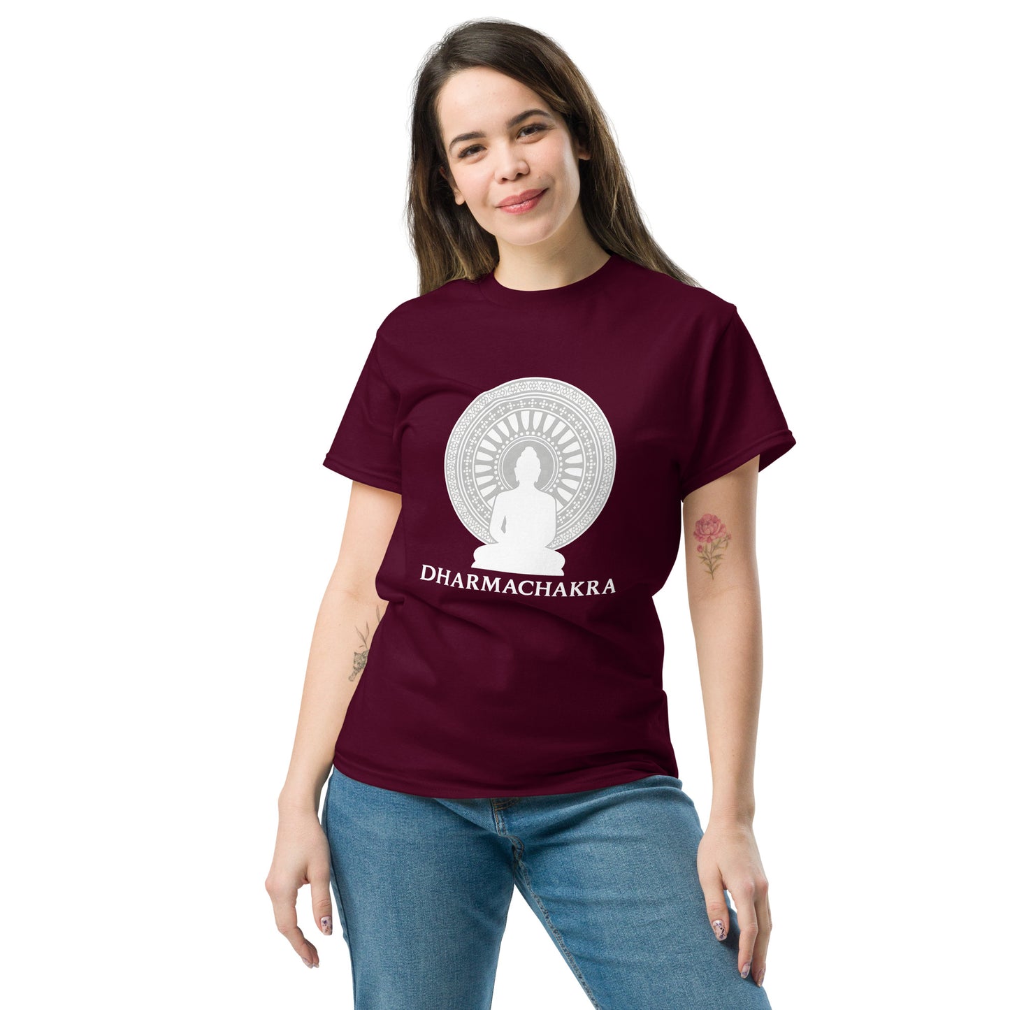 Dharmachakra Buddha Shirt – Spiritual Shirt with the Wheel of Dharma Symbol female
