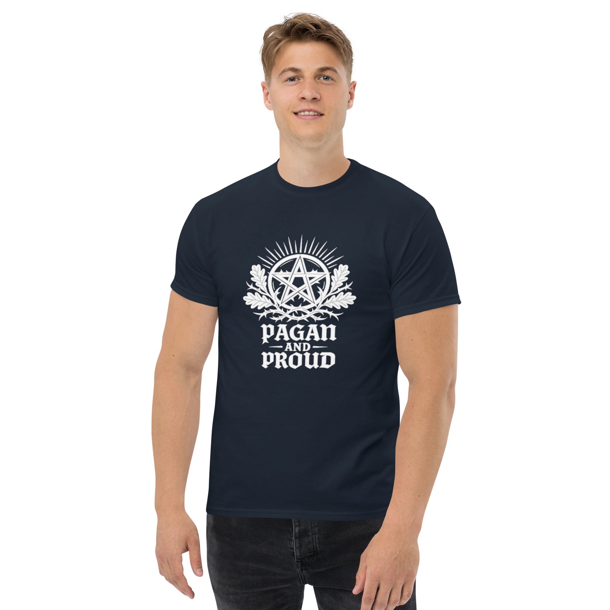 Pagan and Proud – Spiritual Shirt with Pentagram Symbol for Esoteric Apparel (White Ink) male