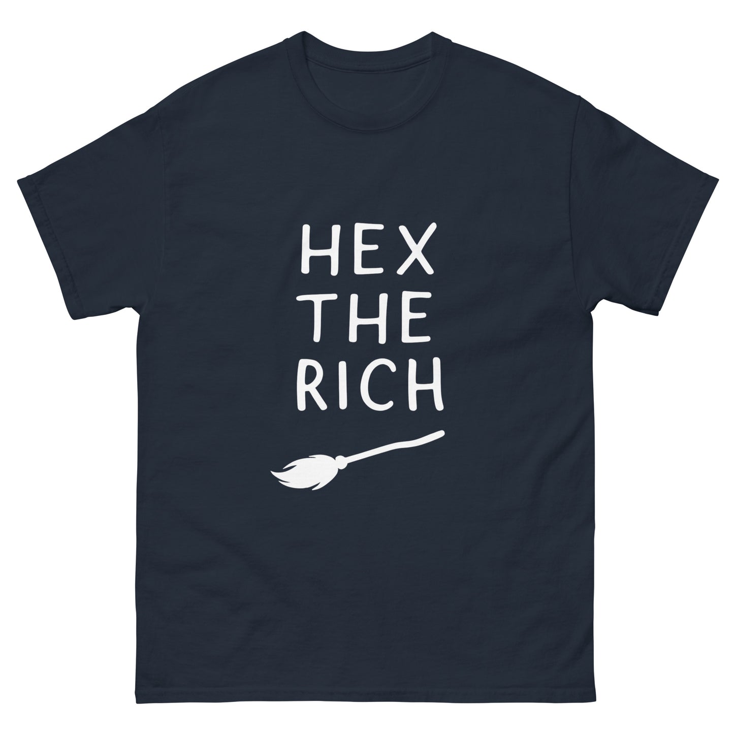 Hex the Rich – Witchy Apparel for Spiritual Anti-Capitalist Rebels (White Ink) navy