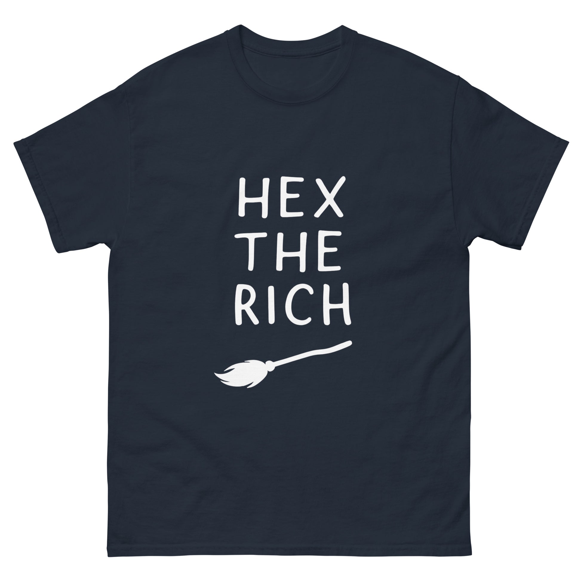 Hex the Rich – Witchy Apparel for Spiritual Anti-Capitalist Rebels (White Ink) navy