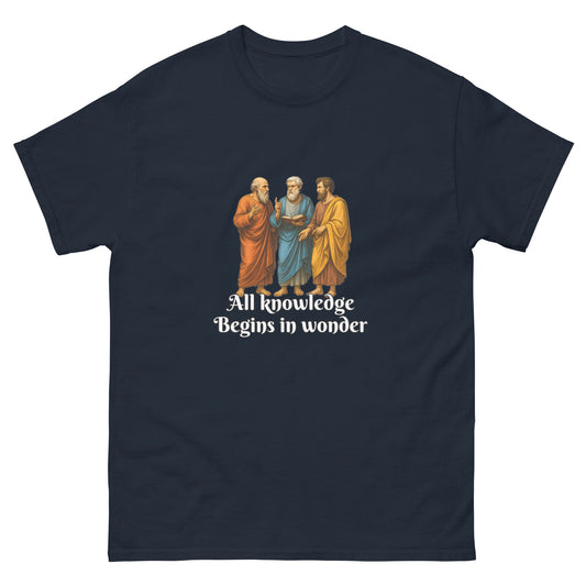 All Knowledge Begins in Wonder – Esoteric Clothing Greek Philosophy Shirt | Witchy apparel & the Occult navy