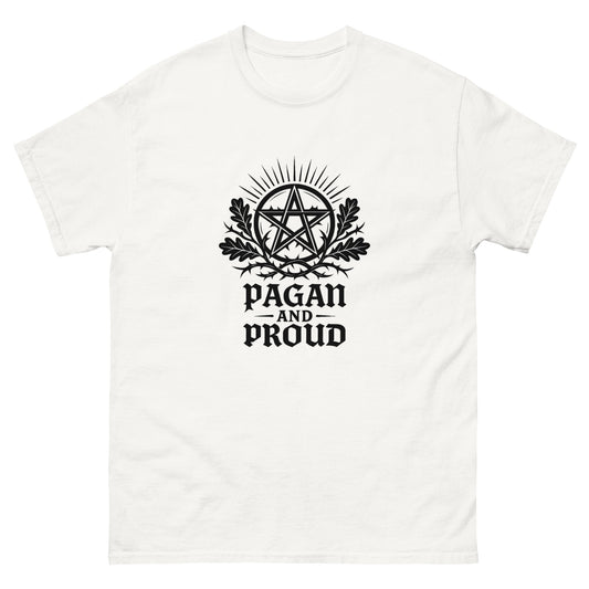 Pagan and Proud – Spiritual Shirt with Pentagram Symbol for Esoteric Apparel (Black Ink) white