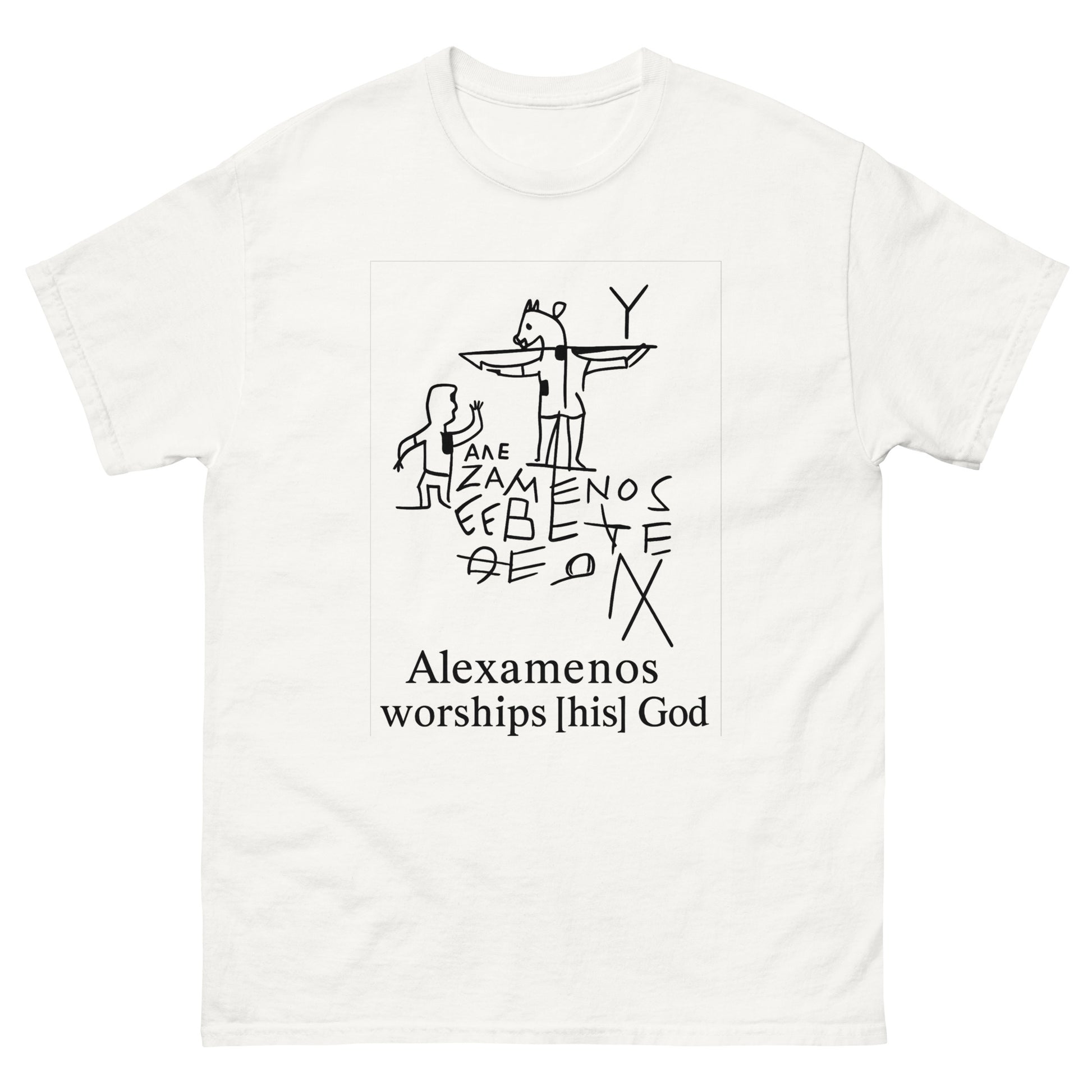 Alexamenos Worships His God – Satirical Pagan Symbolism Shirt in Esoteric Clothing (Black Ink) white