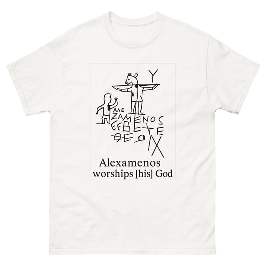 Alexamenos Worships His God – Satirical Pagan Symbolism Shirt in Esoteric Clothing (Black Ink) white