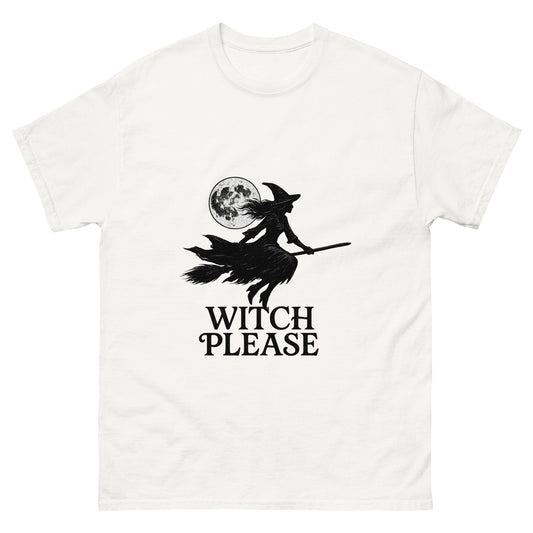 Witch Please – Witchy Clothes with Flying Silhouette and Full Moon (Black Ink) hite