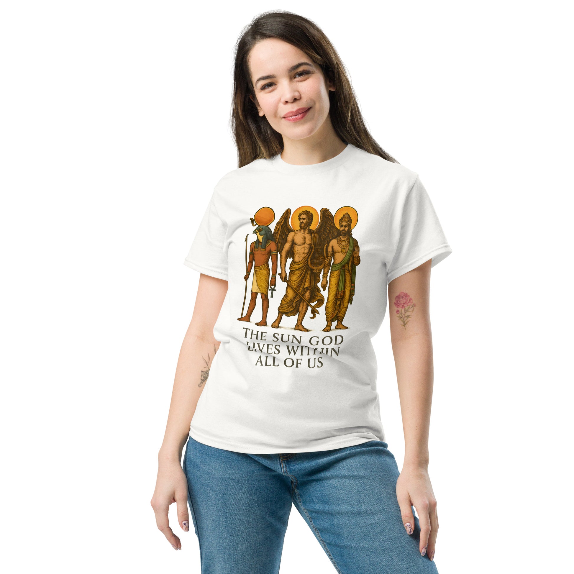 Spiritual Shirt Featuring Ra, Archangel, and Vishnu female