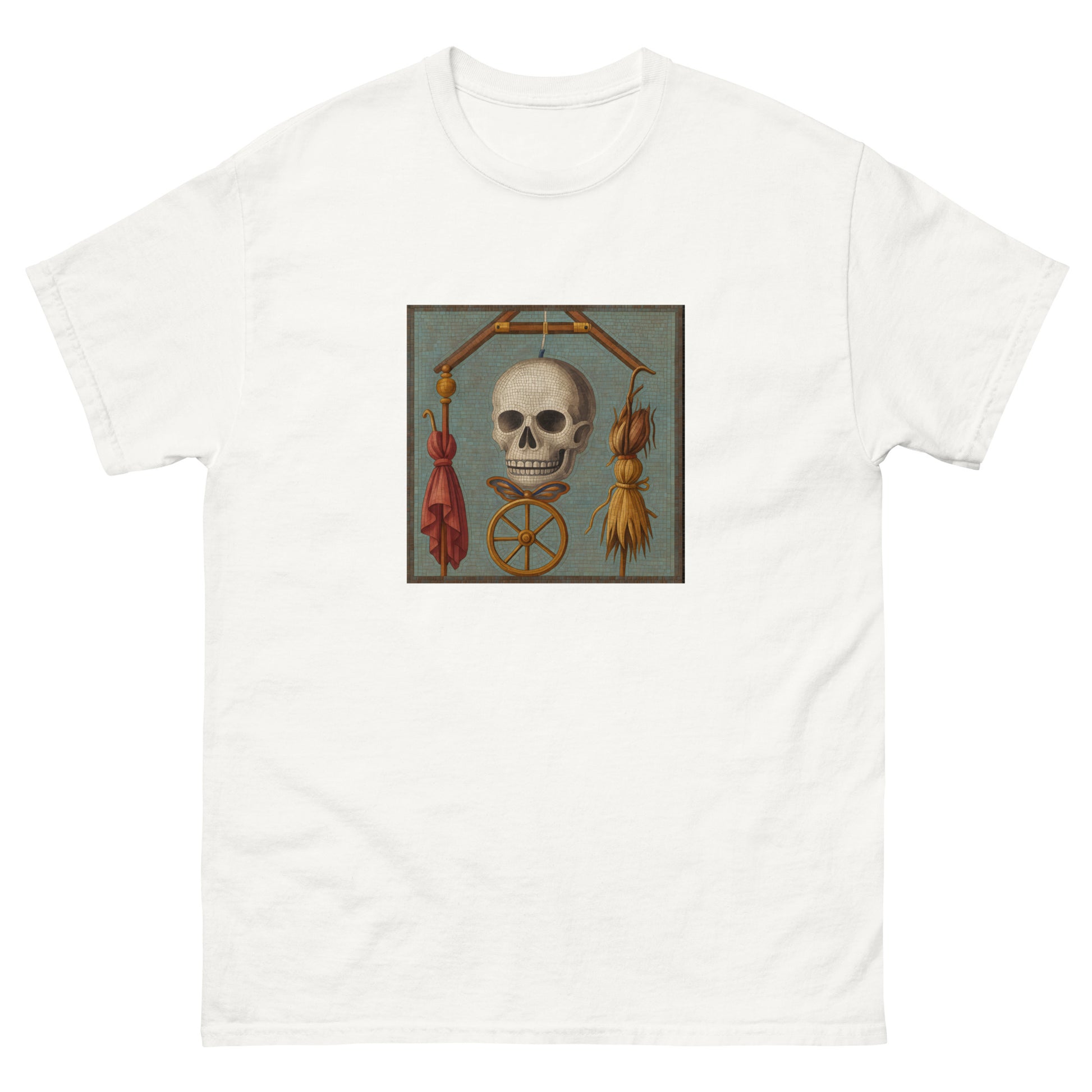 Wear history with this authentic Pompeii mosaic t-shirt featuring the Greek phrase “Know Thyself.” A bold, esoteric clothing piece for lovers of philosophy and ancient art.. witchy apparel esoteric clothing white